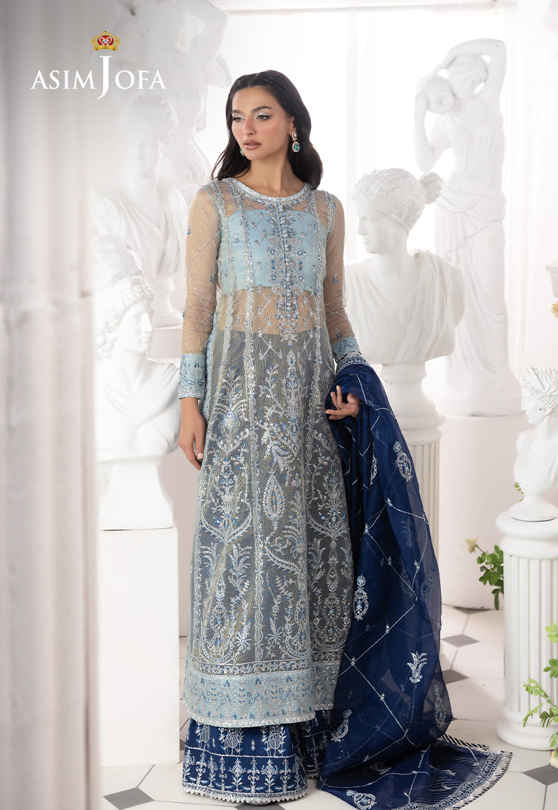 AJIZLD-05 EMBROIDERED ZARI CHECK NET Stitched 3 PCS Luxury Pakistani Dresses 
