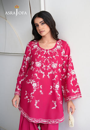 Asra Jofa ASAE-07 hot pink embroidered cambric kurta close-up with white all-over floral embroidery, round neckline and tassel tie detail