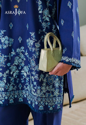Asra Jofa ASAE-06 close-up of royal blue cambric kurta with dense teal and silver floral embroidery and fringe hem border detail