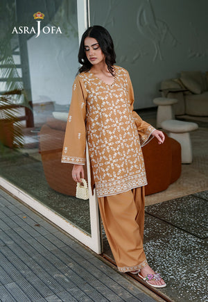 Asra Jofa ASAE-03 mustard yellow embroidered cambric 2-piece suit with salwar – full length front view