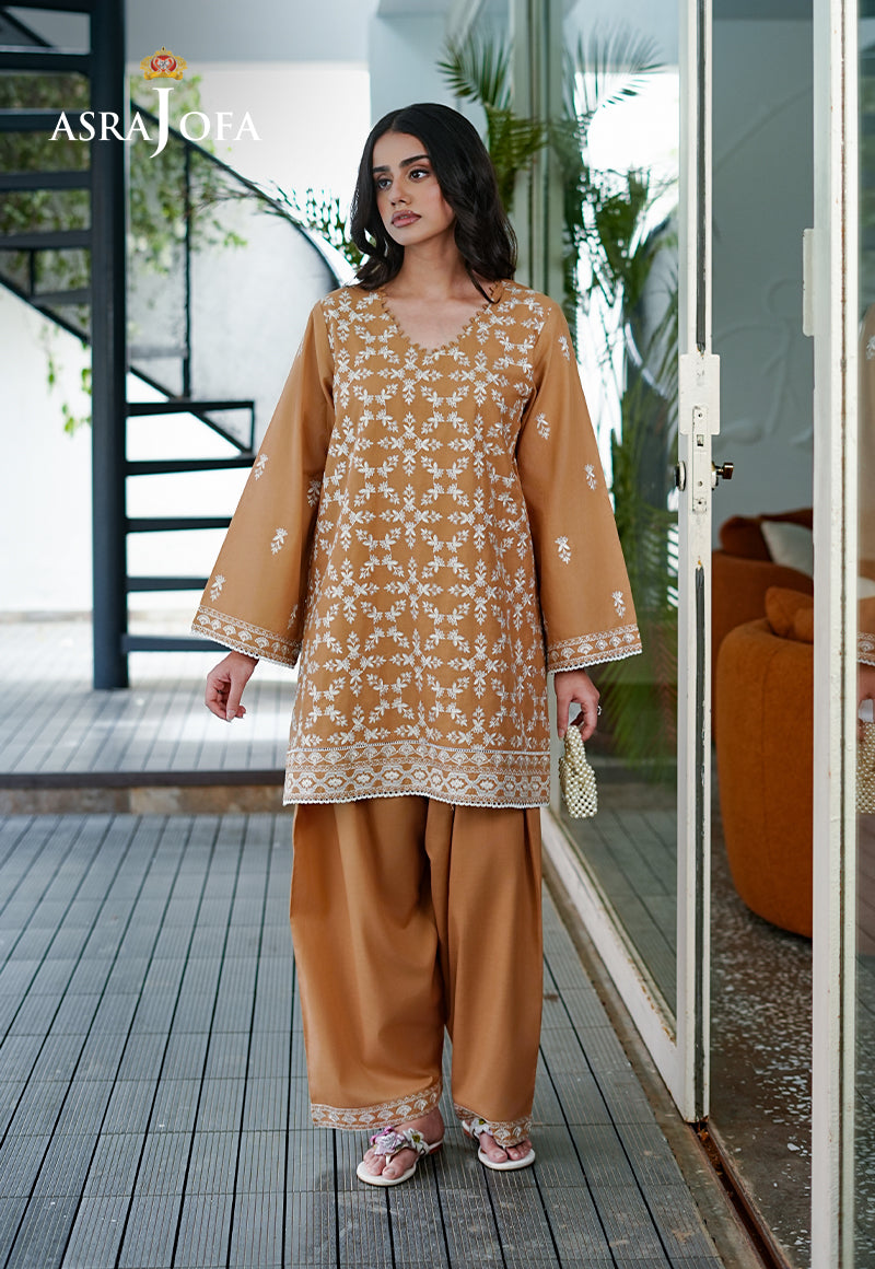 Asra Jofa ASAE-03 golden mustard floral embroidered cambric kurta with bell sleeves and salwar – full length view