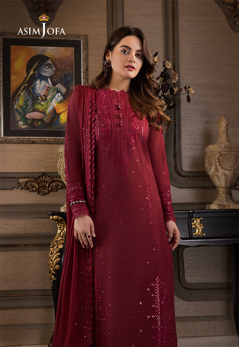 asim jofa red dress AJM-08 EMBROIDERED CHIFFON 3 PCS