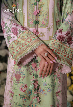 Asim Jofa AJCS-01 floral printed charmeuse silk shirt – close-up of mint green and pink cuffs with decorative front tassels