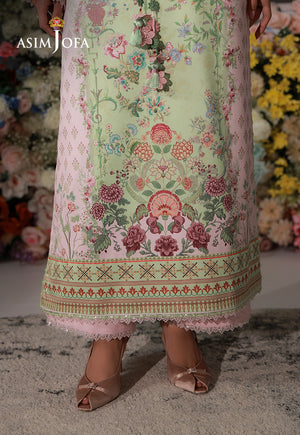 Asim Jofa AJCS-01 mint green printed charmeuse silk shirt – hem close-up showing floral motifs, patterned border and pink trousers