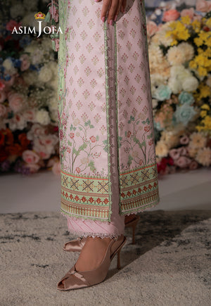 Asim Jofa AJCS-01 printed charmeuse silk suit – side slit close-up showing pastel pink floral panel and raw silk trousers