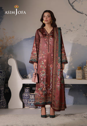 Asim Jofa AJCS-02 chocolate brown floral printed charmeuse silk 3-piece suit – full-length front view with teal silk dupatta