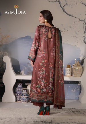 Asim Jofa AJCS-02 chocolate brown printed charmeuse silk suit – full-length back view showing keyhole neckline and floral print