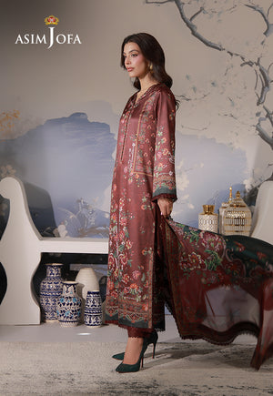 Asim Jofa AJCS-02 chocolate brown floral printed charmeuse silk suit – full-length side view with flowing silk dupatta