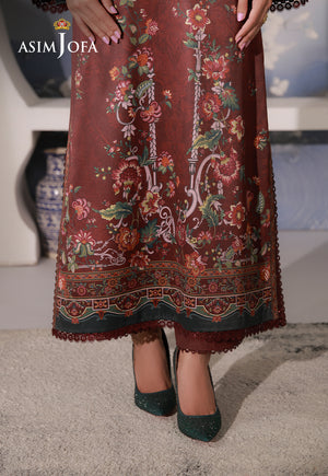 Asim Jofa AJCS-02 chocolate brown printed charmeuse silk shirt – hem close-up showing floral motifs and teal patterned border