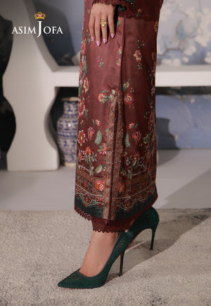 Asim Jofa AJCS-02 chocolate brown printed charmeuse silk suit – side slit close-up with matching raw silk trousers