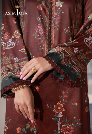 Asim Jofa AJCS-02 chocolate brown printed charmeuse silk shirt – sleeve close-up highlighting teal cuff borders and lace trim