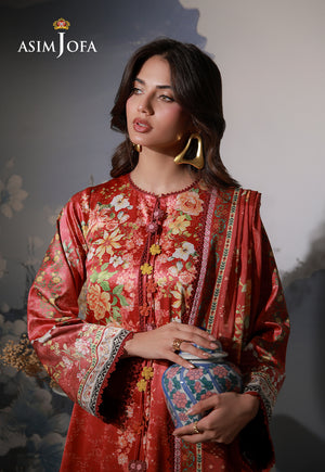 Asim Jofa AJCS-03 red-orange floral printed charmeuse silk shirt – angled portrait showing neckline tassels and cuff borders