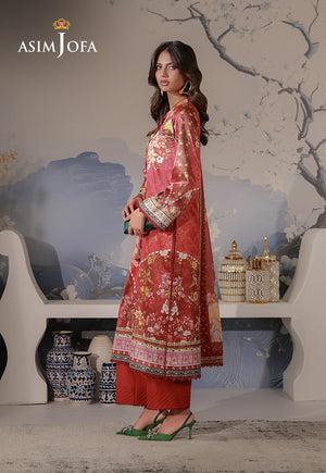 Asim Jofa AJCS-03 red-orange floral printed charmeuse silk suit – full-length side view with matching raw silk trousers