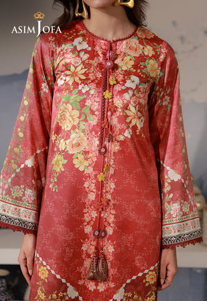 Asim Jofa AJCS-03 red-orange floral printed charmeuse silk shirt – neckline close-up with decorative flower tassels