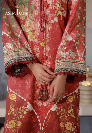 Asim Jofa AJCS-03 red-orange printed charmeuse silk shirt – cuff close-up showing floral borders and decorative tassels