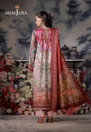 Asim Jofa AJCS-04 pink ombre printed charmeuse silk suit – full-length back view showing keyhole neckline and flowing dupatta