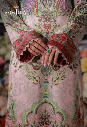 Asim Jofa AJCS-04 pink ombre printed charmeuse silk shirt – cuff close-up showing coral patterned borders and lace trim