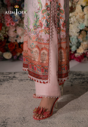 Asim Jofa AJCS-04 pink ombre printed charmeuse silk suit – side slit detail showing floral border and pastel pink trousers