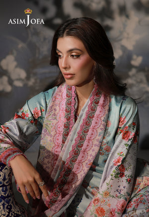 Asim Jofa AJCS-05 mint blue printed charmeuse silk shirt – angled portrait highlighting pink floral dupatta and rose-print sleeves