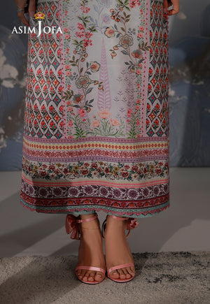 Asim Jofa AJCS-05 mint blue printed charmeuse silk shirt – hem close-up showing floral panels and layered pink borders