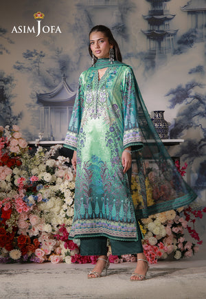 Asim Jofa AJCS-06 crystal teal floral printed charmeuse silk 3-piece suit – full-length front view with flowing silk dupatta