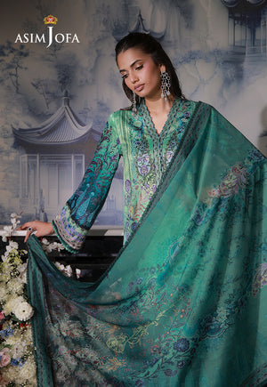 Asim Jofa AJCS-06 crystal teal floral printed charmeuse silk suit – upper-body view displaying the printed silk dupatta