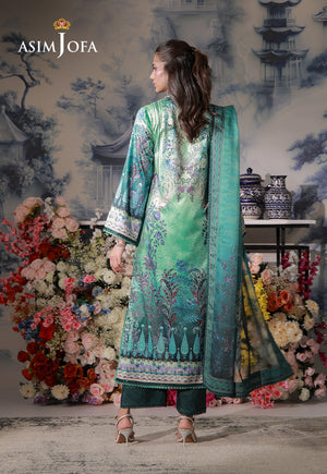 Asim Jofa AJCS-06 crystal teal printed charmeuse silk suit – full-length back view showing floral motifs and matching dupatta