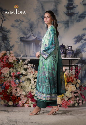 Asim Jofa AJCS-06 crystal teal floral printed charmeuse silk suit – full-length side view with dark teal raw silk trousers