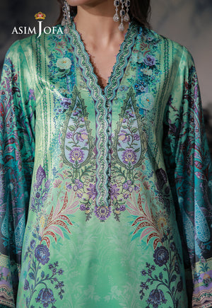Asim Jofa AJCS-06 crystal teal printed charmeuse silk shirt – neckline close-up showing wavy border and purple floral motifs