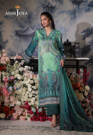 Asim Jofa AJCS-06 crystal teal printed charmeuse silk 3-piece suit – full-length front view with silk dupatta draped to the floor