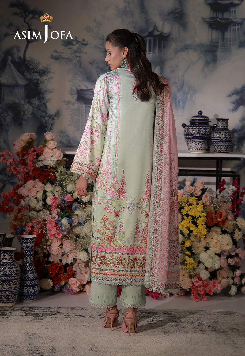 Asim Jofa AJCS-07 mint green printed charmeuse silk suit – full-length back view showing floral borders and pink silk dupatta