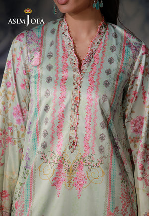 Asim Jofa AJCS-07 mint green printed charmeuse silk shirt – neckline close-up showing pink floral panels and decorative beads