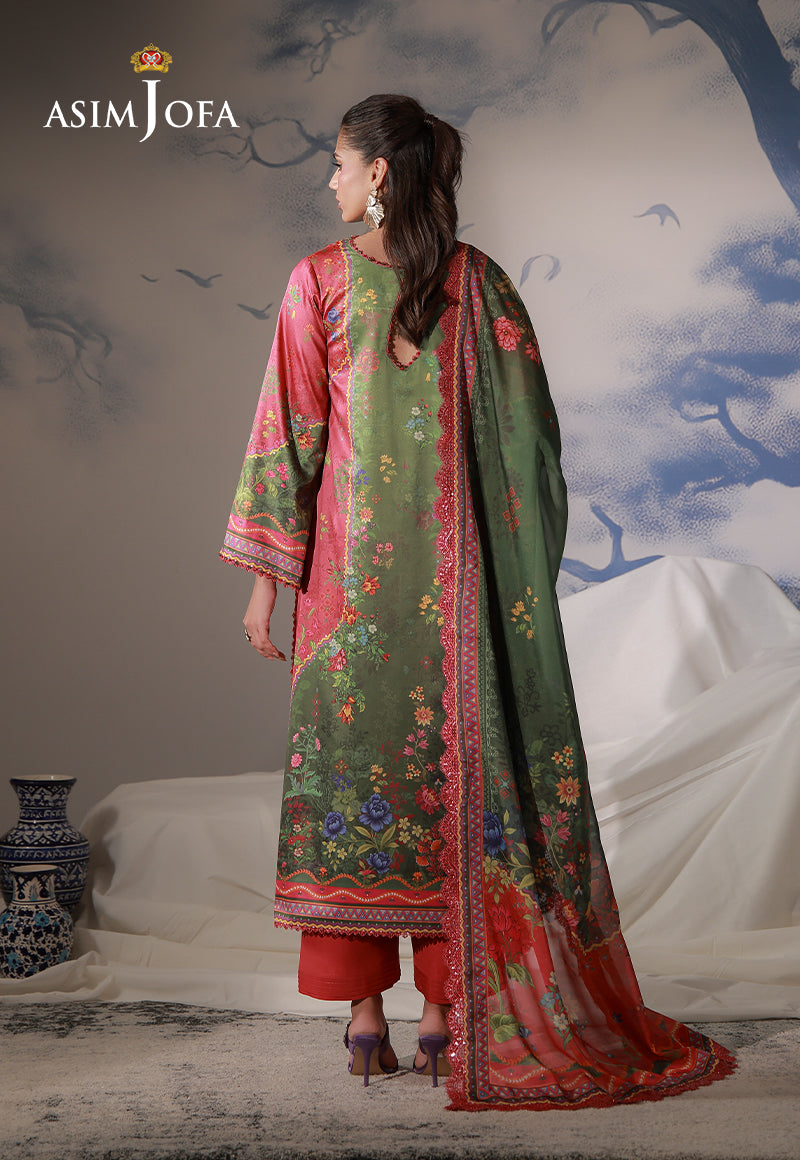 Asim Jofa AJCS-08 olive and crimson printed charmeuse silk suit – full-length back view with keyhole neckline and dupatta