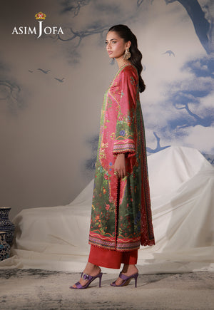Asim Jofa AJCS-08 olive and crimson printed charmeuse silk suit – full-length side view with crimson raw silk trousers