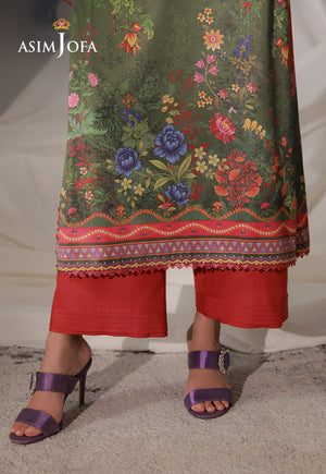 Asim Jofa AJCS-08 olive floral printed charmeuse silk suit – hem close-up showing crimson borders and raw silk trousers