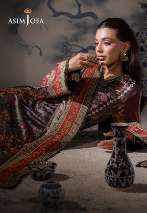 Asim Jofa AJCS-09 purple floral printed charmeuse silk suit – reclining upper-body view highlighting red dupatta and cuff borders