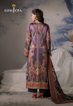 Asim Jofa AJCS-09 purple printed charmeuse silk suit – full-length back view showing keyhole neckline and floral motifs