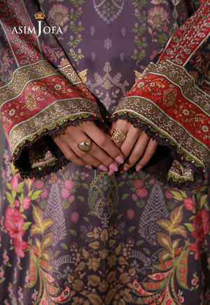 Asim Jofa AJCS-09 purple floral printed charmeuse silk shirt – cuff close-up showing red and olive borders with lace trim