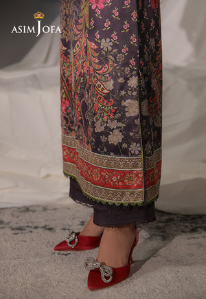 Asim Jofa AJCS-09 purple floral printed charmeuse silk suit – side slit close-up with patterned hem and raw silk trousers