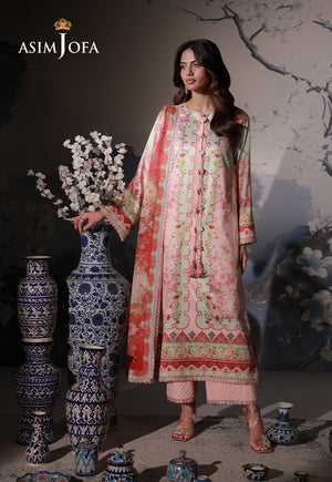 Asim Jofa AJCS-10 peach printed charmeuse silk 3-piece suit – full-length front view beside blue and white ceramic vases