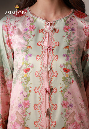 Asim Jofa AJCS-10 peach floral printed charmeuse silk shirt – neckline close-up showing pastel green panel and flower tassels