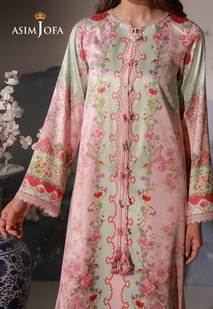 Asim Jofa AJCS-10 peach printed charmeuse silk shirt – front detail view showing floral panels, patterned sleeves and tassels