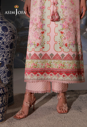 Asim Jofa AJCS-10 peach floral printed charmeuse silk suit – hem close-up showing coral borders and pink raw silk trousers