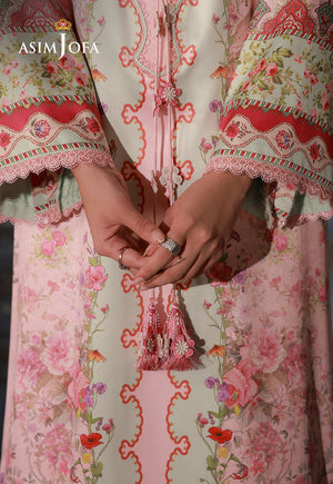Asim Jofa AJCS-10 peach printed charmeuse silk shirt – cuff close-up showing coral floral borders, pink lace and tassels