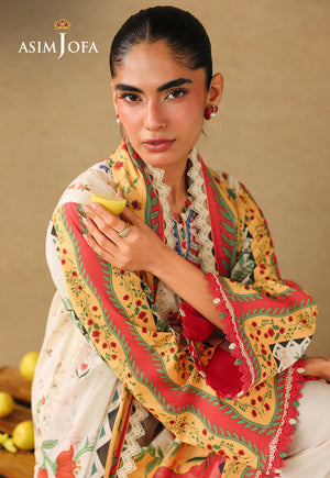Asim Jofa AJUBC-01 printed lawn suit – seated close-up highlighting red, green and yellow sleeve borders