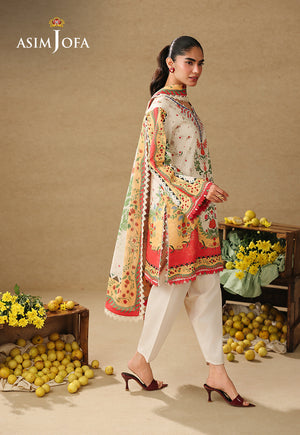 Asim Jofa AJUBC-01 off-white printed lawn 3-piece suit – full-length side view with cambric trousers