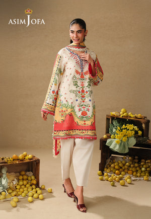 Asim Jofa AJUBC-01 off-white floral printed lawn suit – full-length front view with dupatta around the neck