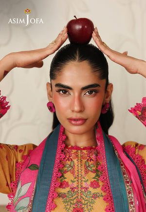 Asim Jofa AJUBC-02 printed lawn suit – front close-up of floral neckline and teal dupatta border, with apple on model's head
