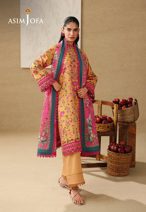 Asim Jofa AJUBC-02 ochre yellow floral printed lawn suit – full-length front view with dupatta draped around the neck