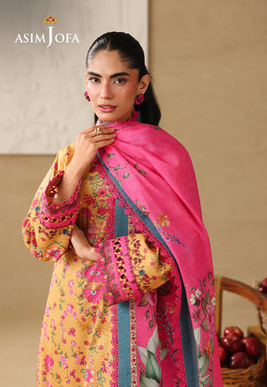 Asim Jofa AJUBC-02 ochre yellow printed lawn shirt – upper-body view with fuchsia dupatta wrapped over the shoulder